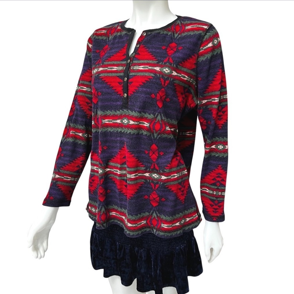 Chaps Denim Womens 1X Southwestern Aztec Thermal Henley Shirt Purple Red Cotton - Picture 5 of 14